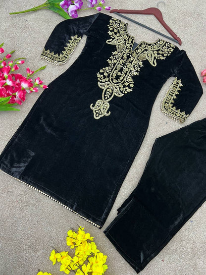 Black Heavy Viscose Velvet Embroidery Sharara Suit For Party Wear