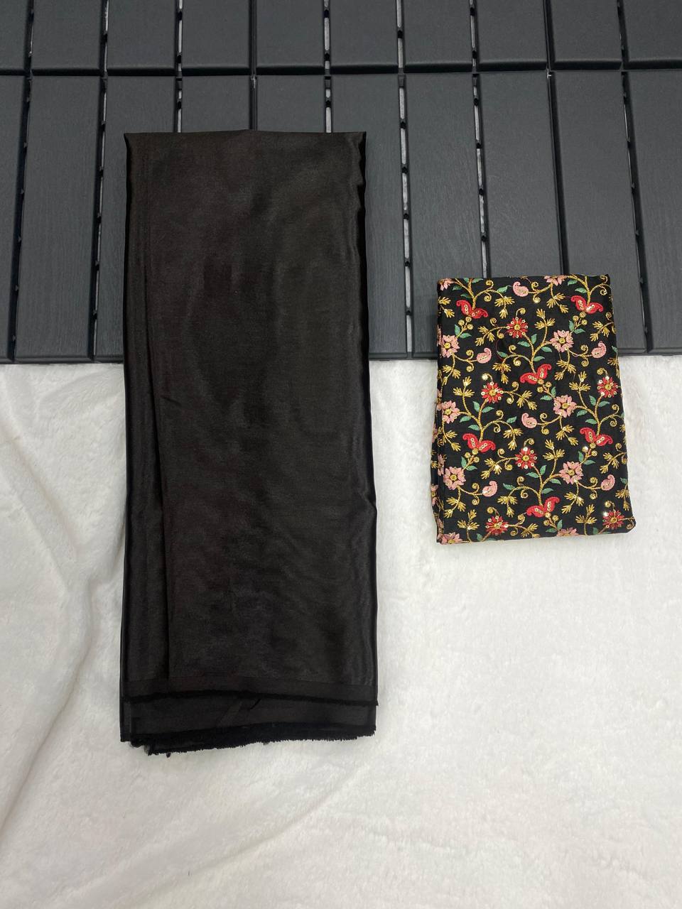 Black Luxury Smooth Satin Saree with Designer Embroidery Blouse