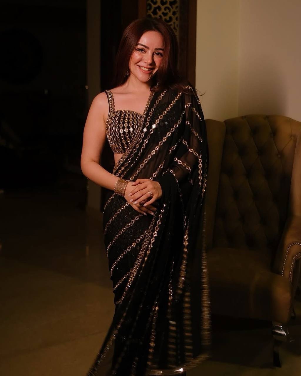 Black Mirror Embroidery Work Georgette Saree with Matching Blouse