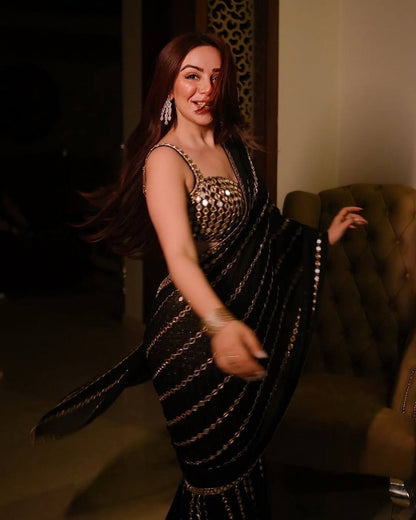 Black Mirror Embroidery Work Georgette Saree with Matching Blouse