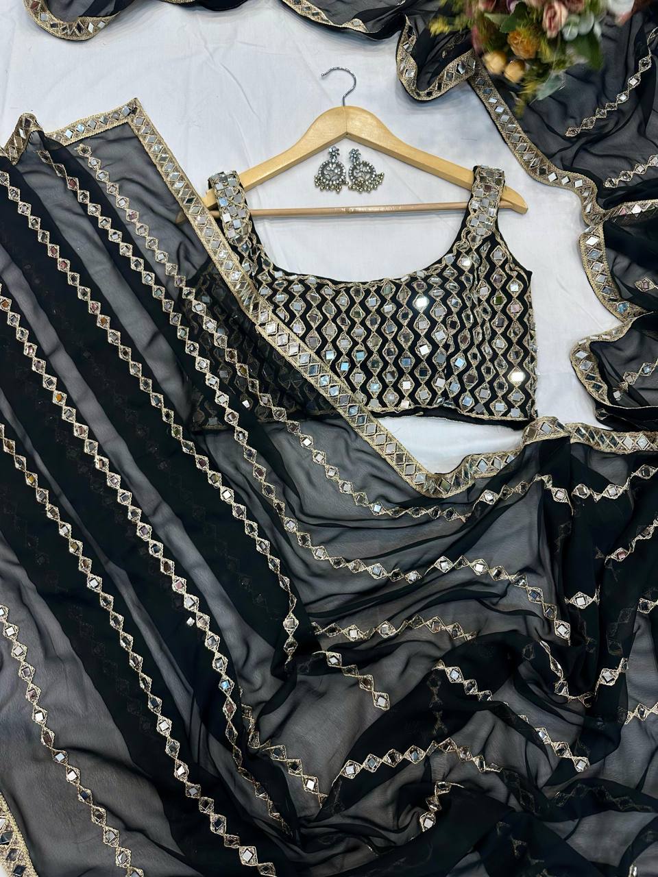 Black Mirror Embroidery Work Georgette Saree with Matching Blouse