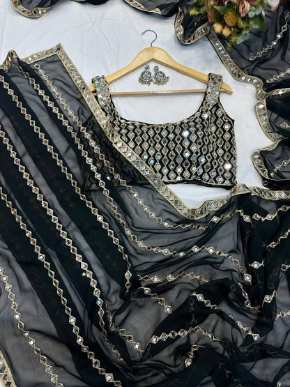Black Mirror Embroidery Work Georgette Saree with Matching Blouse