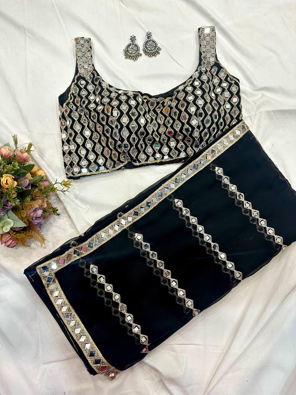 Black Mirror Embroidery Work Georgette Saree with Matching Blouse