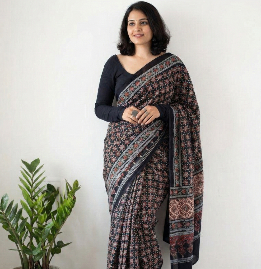 Black Mulmul Cotton Digital Print Saree with Banglori Blouse