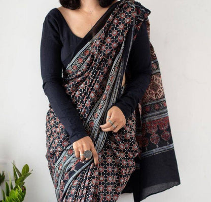 Black Mulmul Cotton Digital Print Saree with Banglori Blouse