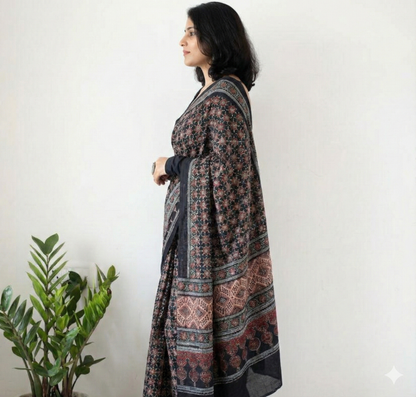Black Mulmul Cotton Digital Print Saree with Banglori Blouse