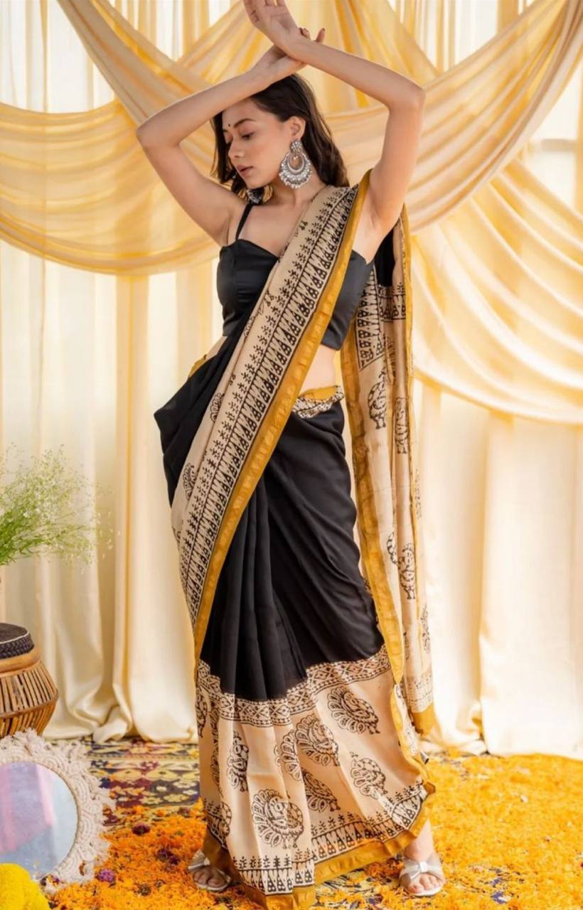 Black Mulmul Cotton Digital Print Saree with Matching Mulmul Blouse
