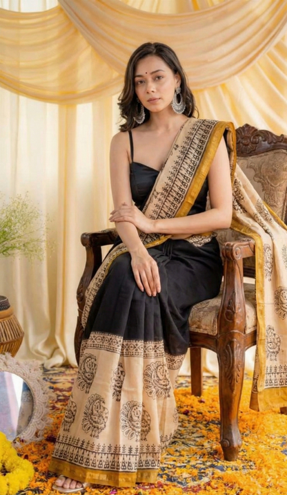 Black Mulmul Cotton Digital Print Saree with Matching Mulmul Blouse