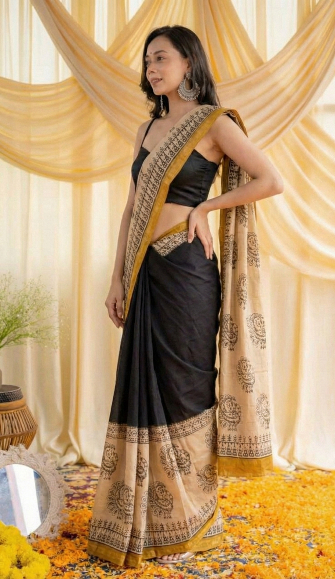 Black Mulmul Cotton Digital Print Saree with Matching Mulmul Blouse