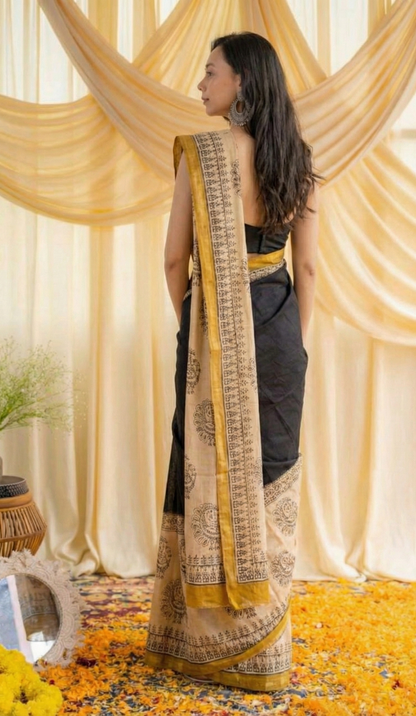 Black Mulmul Cotton Digital Print Saree with Matching Mulmul Blouse