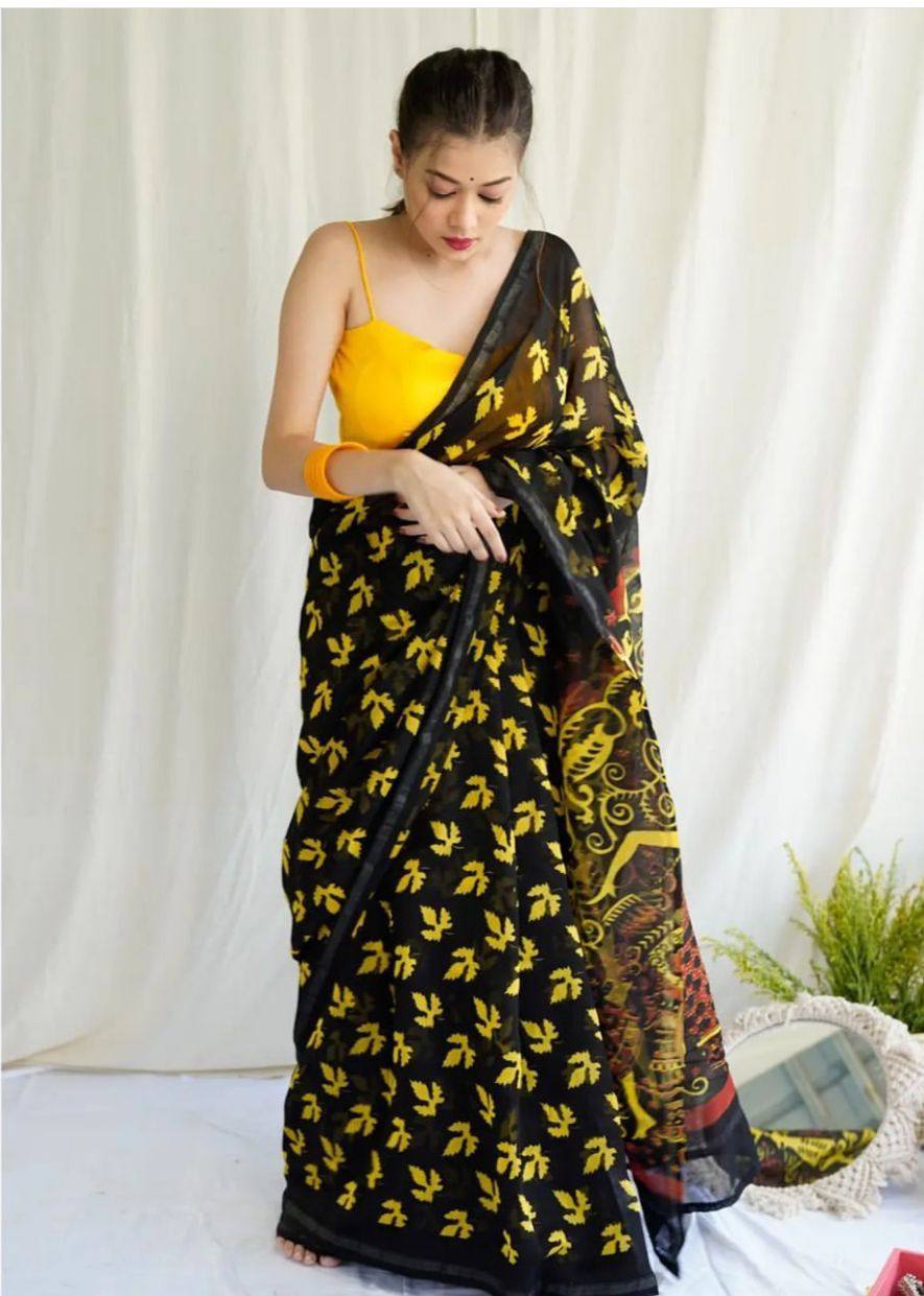 Black Mulmul Cotton Digital Print Saree with Yellow Mulmul Blouse