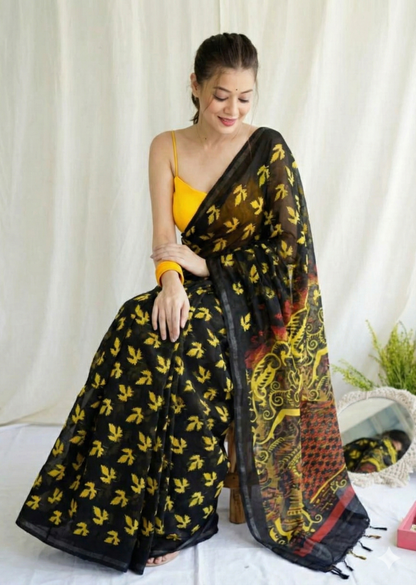 Black Mulmul Cotton Digital Print Saree with Yellow Mulmul Blouse