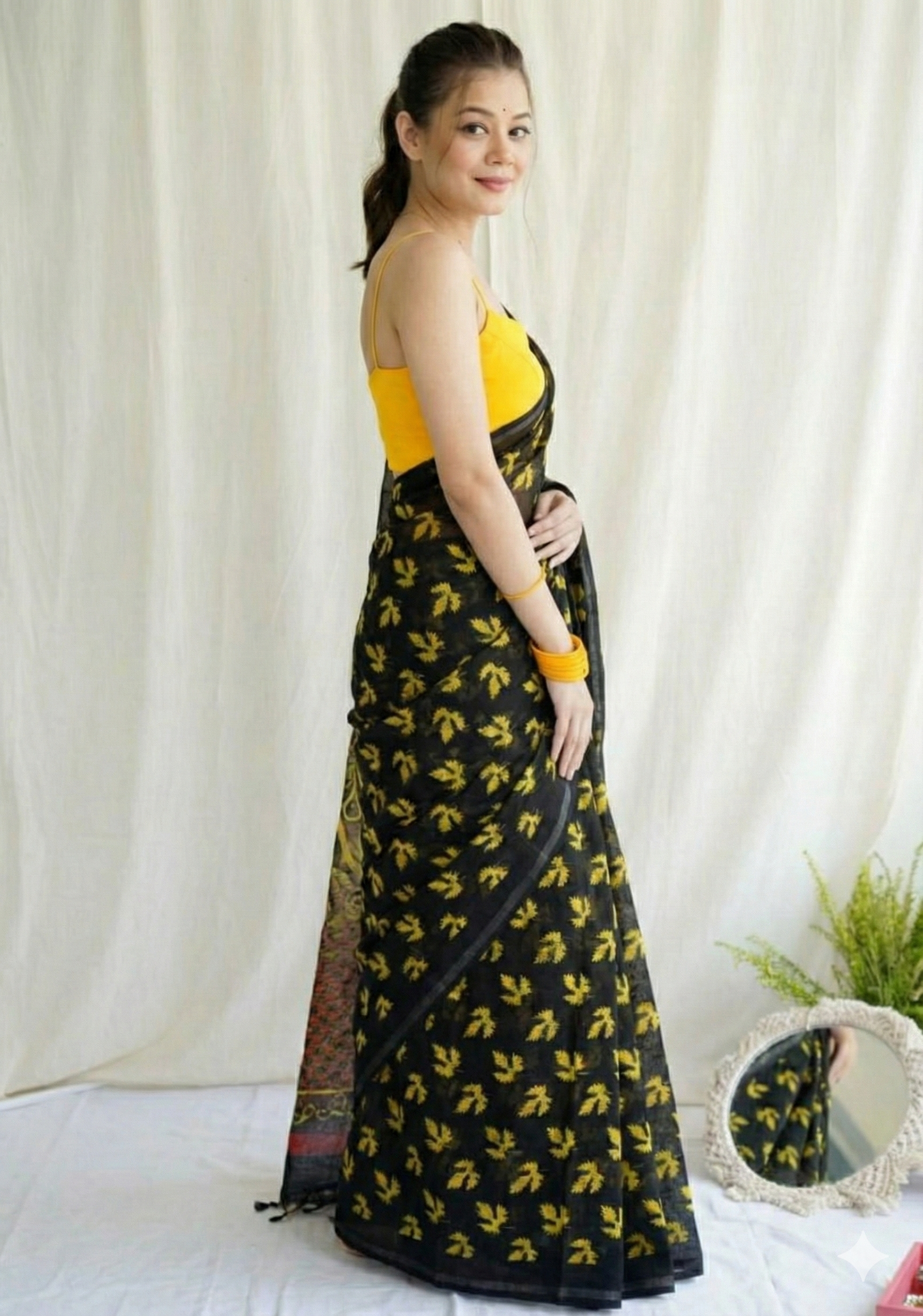 Black Mulmul Cotton Digital Print Saree with Yellow Mulmul Blouse