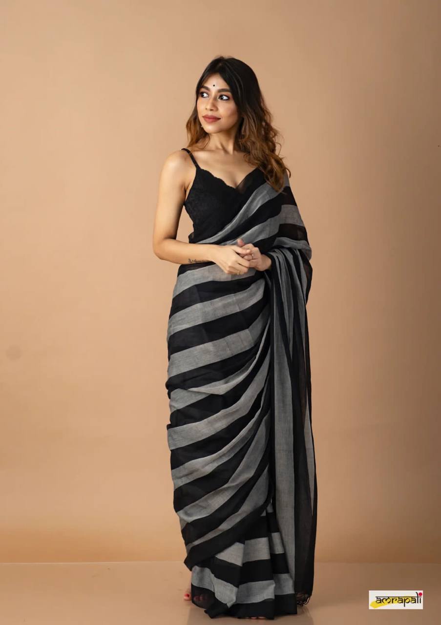 Black Mulmul Lightweight Cotton Digital Print Summer Saree