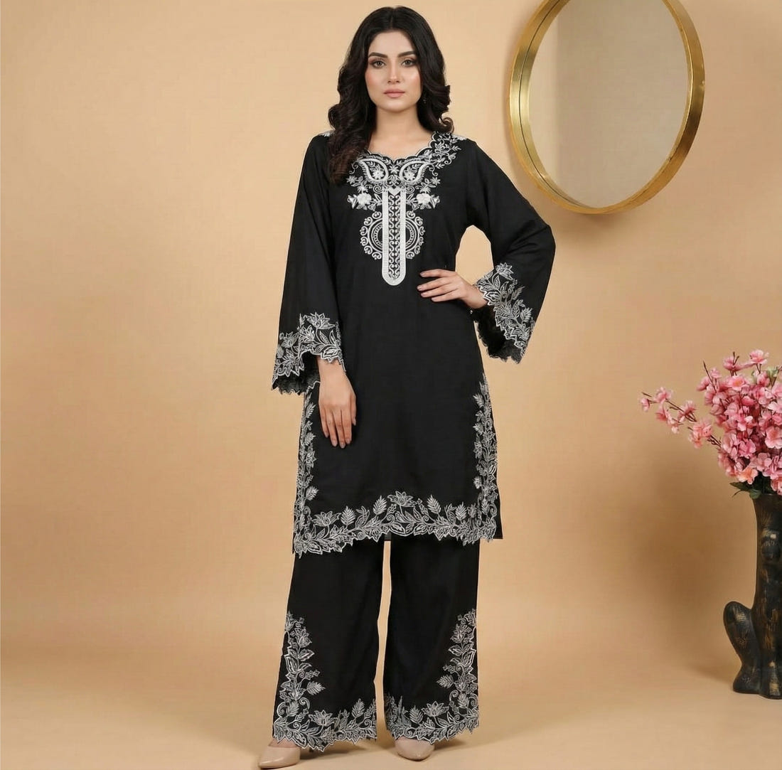 Black Natural Crepe Sequins Embroidered Palazzo Suit Dupatta