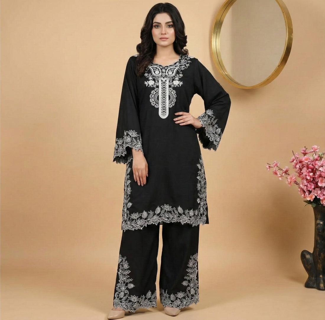 Black Natural Crepe Sequins Embroidered Palazzo Suit Dupatta