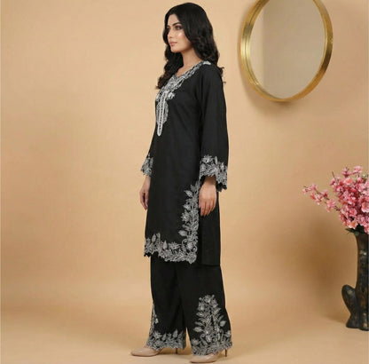 Black Natural Crepe Sequins Embroidered Palazzo Suit Dupatta