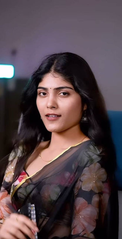 Black Plain Nazmin Saree with Embroidered Digital Print Chinnon Blouse