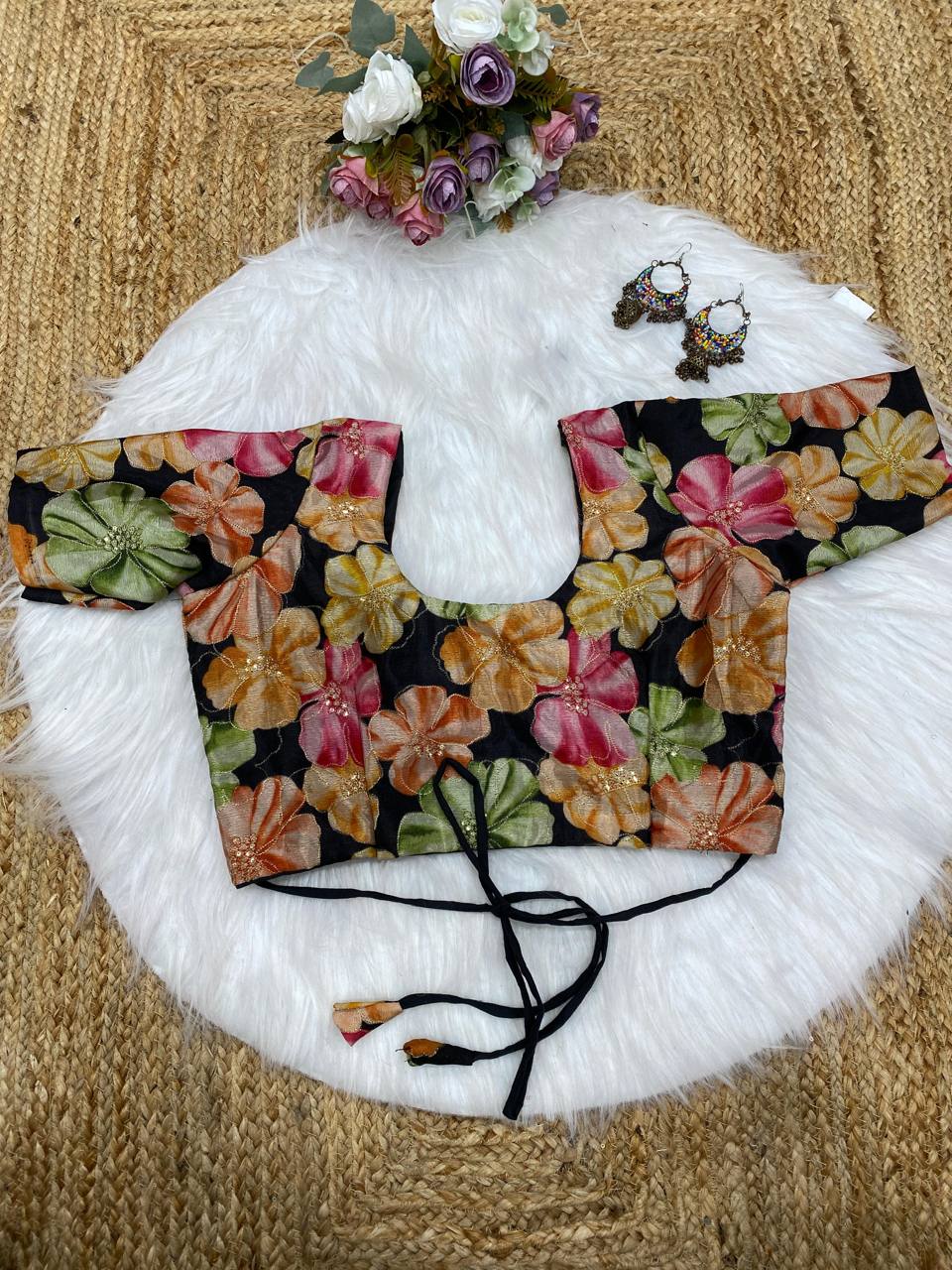 Black Plain Nazmin Saree with Embroidered Digital Print Chinnon Blouse