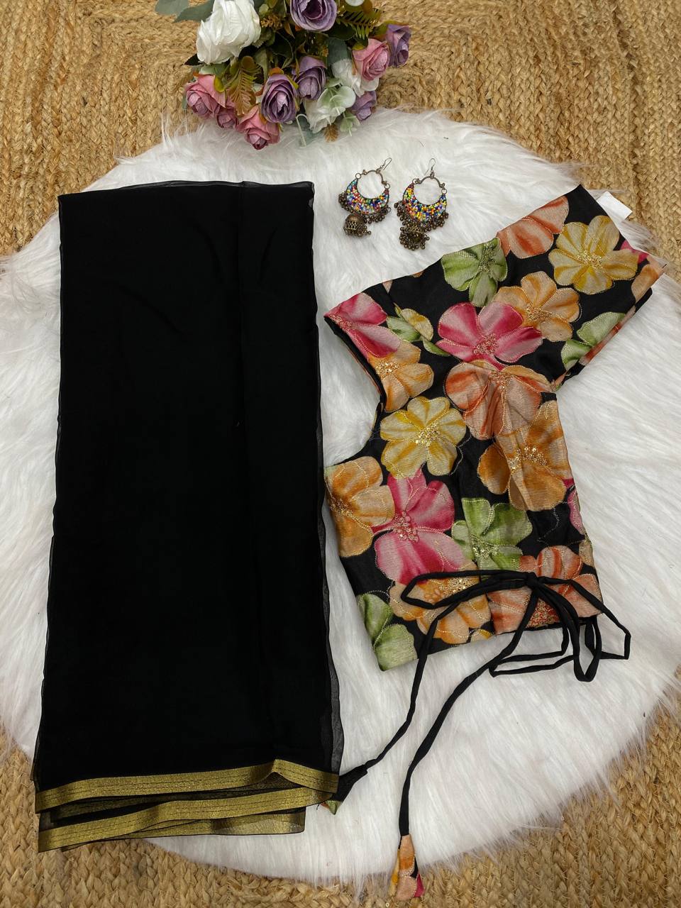 Black Plain Nazmin Saree with Embroidered Digital Print Chinnon Blouse