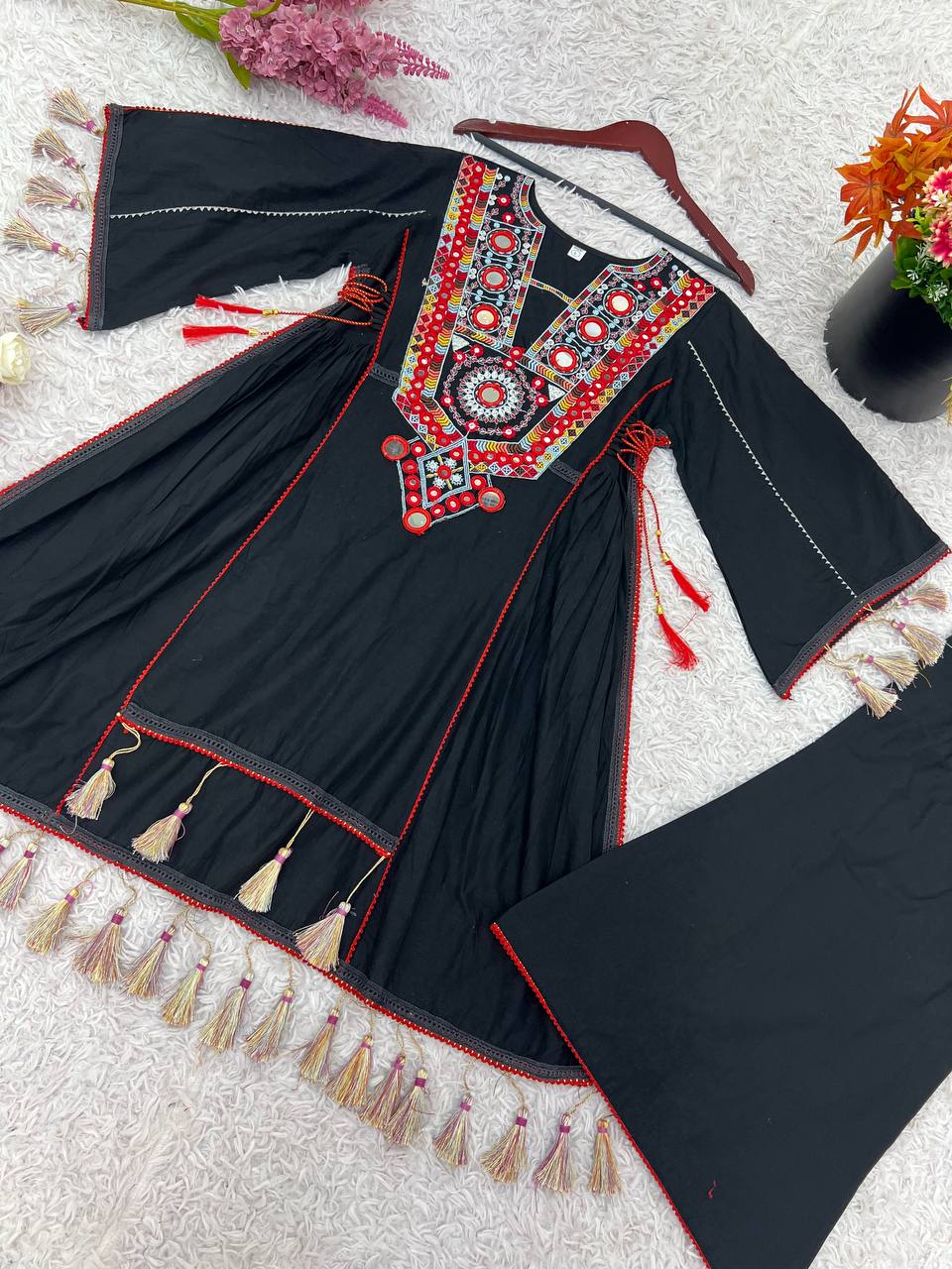 Black Pure Khadi Cotton Embroidery Mirror Work Palazzo Suit