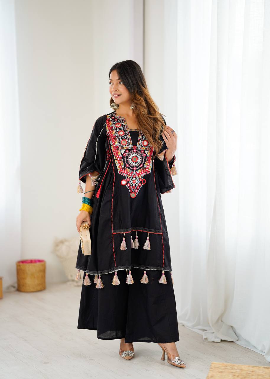 Black Pure Khadi Cotton Embroidery Mirror Work Palazzo Suit