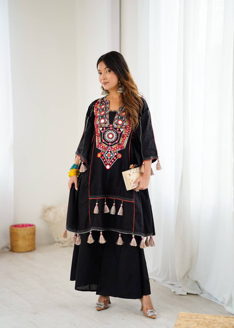 Black Pure Khadi Cotton Embroidery Mirror Work Palazzo Suit