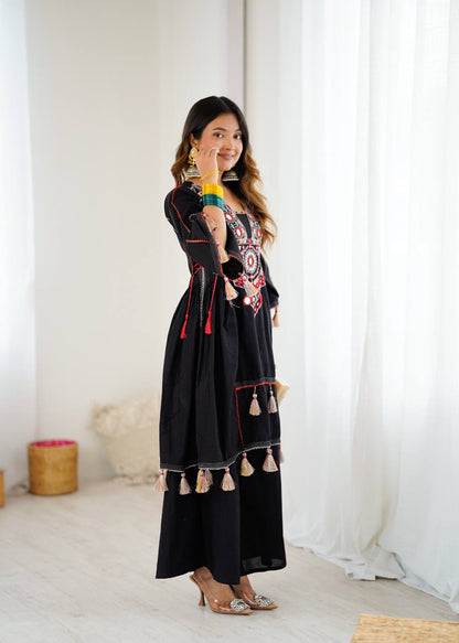 Black Pure Khadi Cotton Embroidery Mirror Work Palazzo Suit