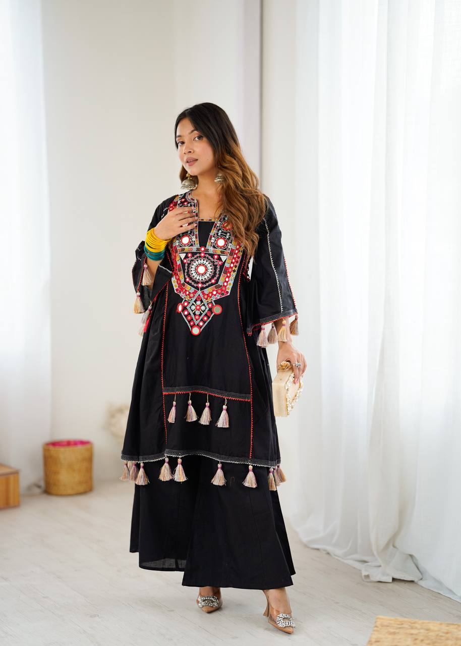Black Pure Khadi Cotton Embroidery Mirror Work Palazzo Suit