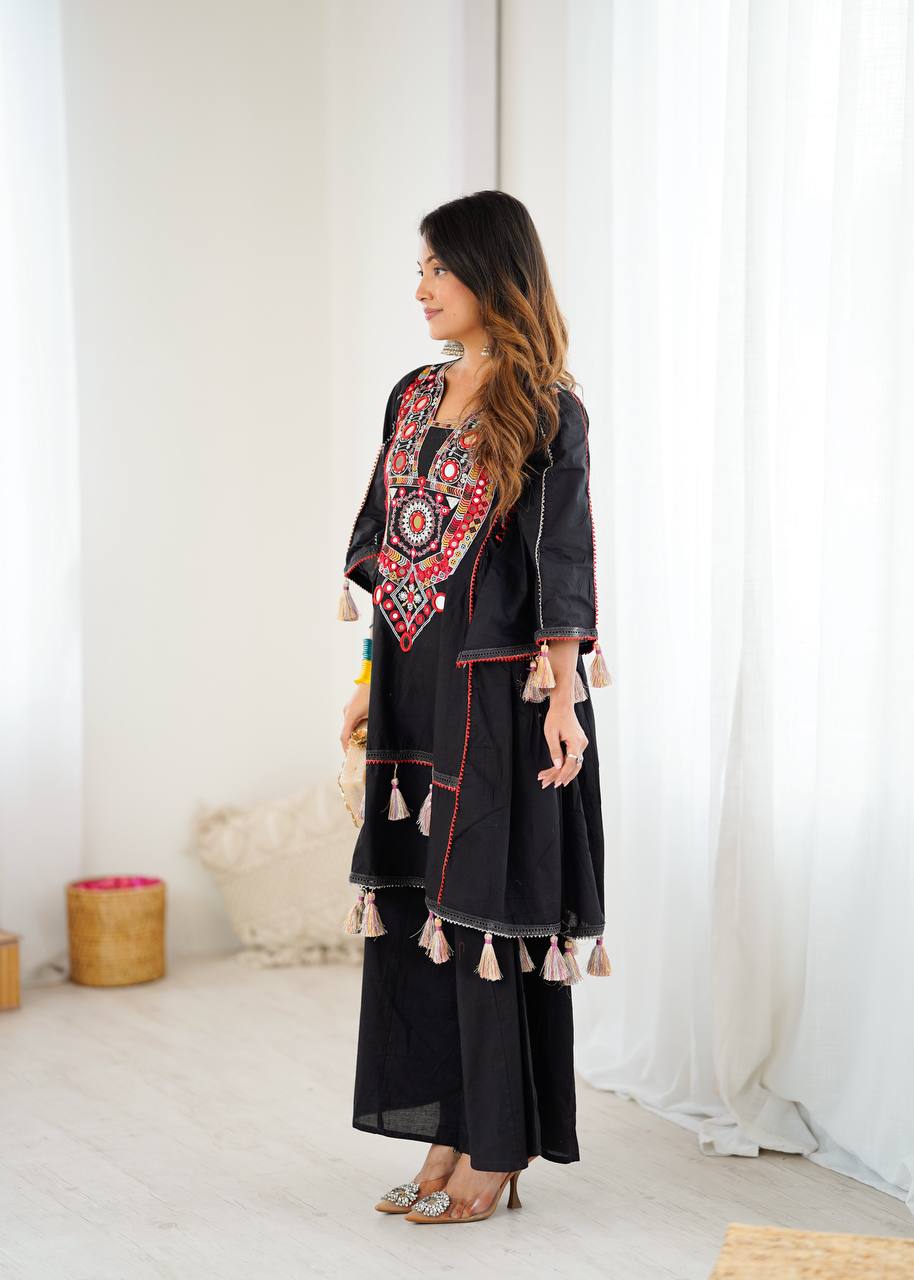 Black Pure Khadi Cotton Embroidery Mirror Work Palazzo Suit