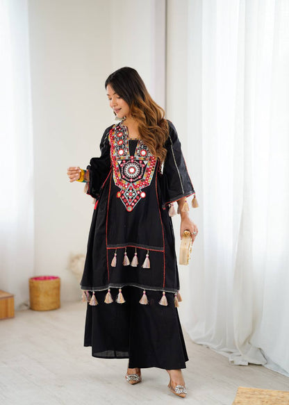 Black Pure Khadi Cotton Embroidery Mirror Work Palazzo Suit
