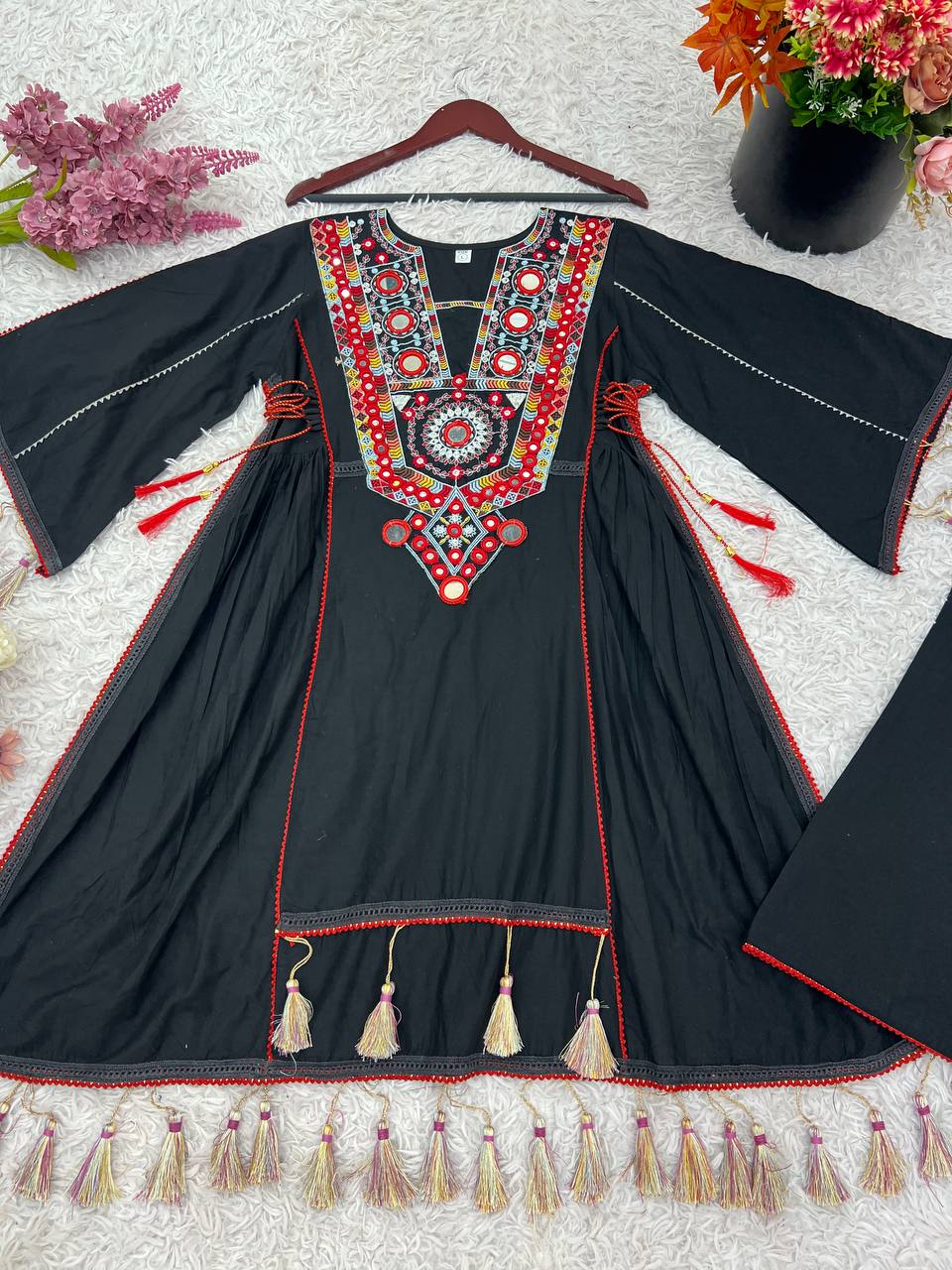 Black Pure Khadi Cotton Embroidery Mirror Work Palazzo Suit