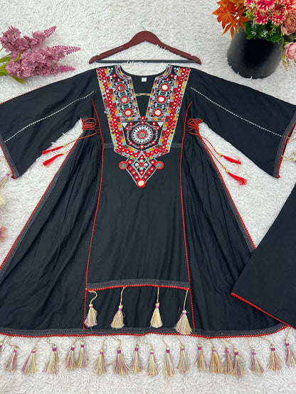 Black Pure Khadi Cotton Embroidery Mirror Work Palazzo Suit