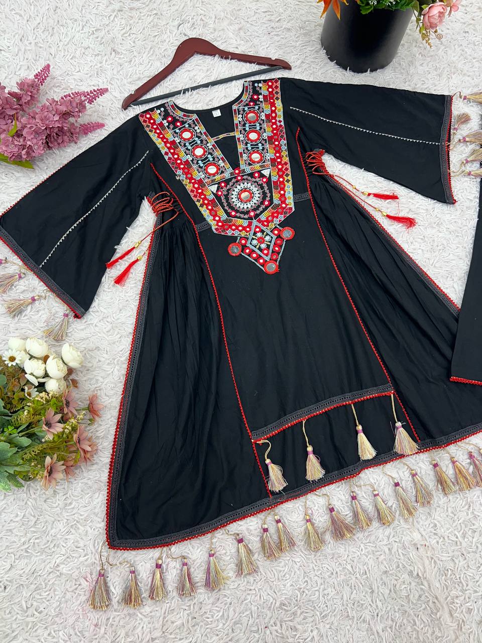 Black Pure Khadi Cotton Embroidery Mirror Work Palazzo Suit