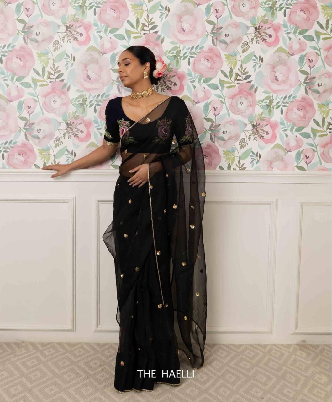 Black Pure Organza Saree with Designer Printed Handwork Blouse