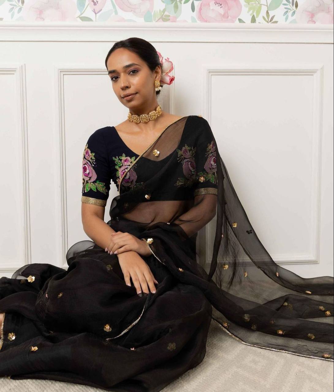 Black Pure Organza Saree with Designer Printed Handwork Blouse