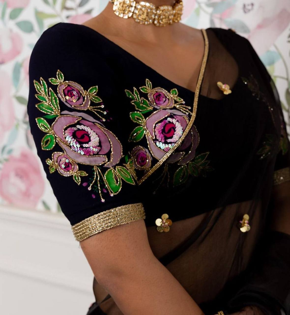 Black Pure Organza Saree with Designer Printed Handwork Blouse