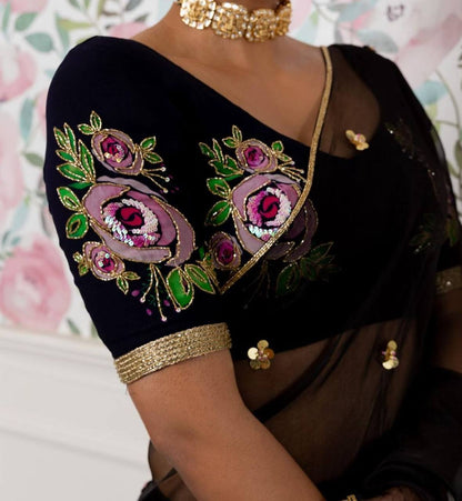 Black Pure Organza Saree with Designer Printed Handwork Blouse
