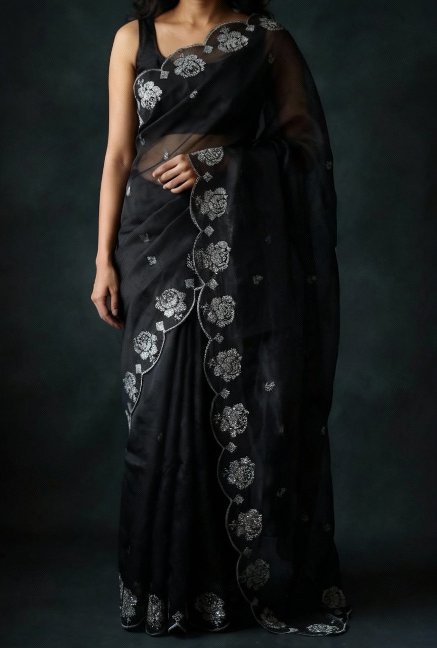 Black Pure Organza Saree with Sequins Embroidery Border Work Blouse