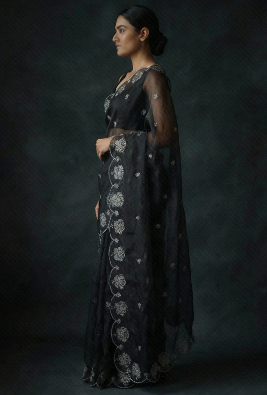 Black Pure Organza Saree with Sequins Embroidery Border Work Blouse