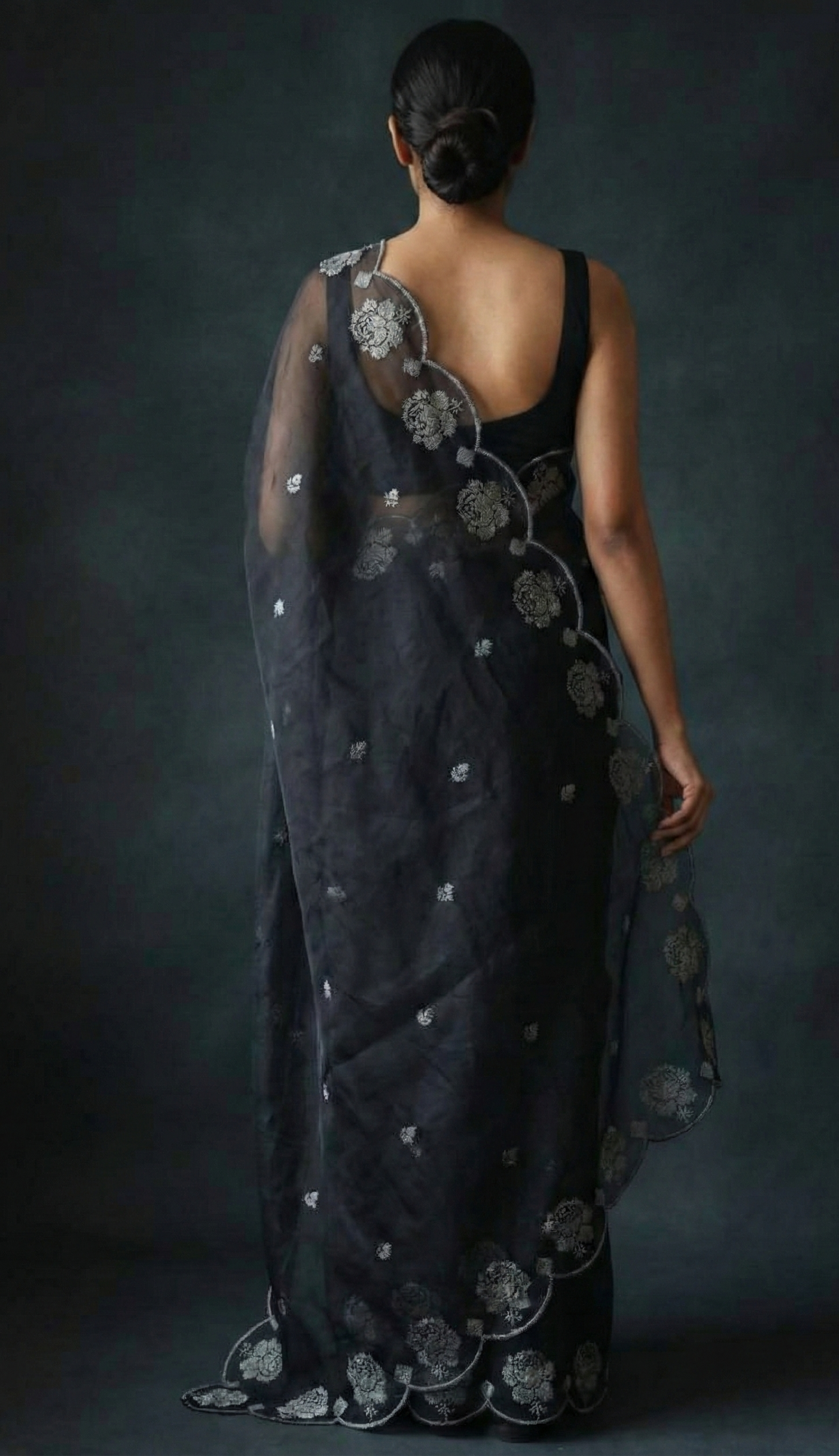 Black Pure Organza Saree with Sequins Embroidery Border Work Blouse