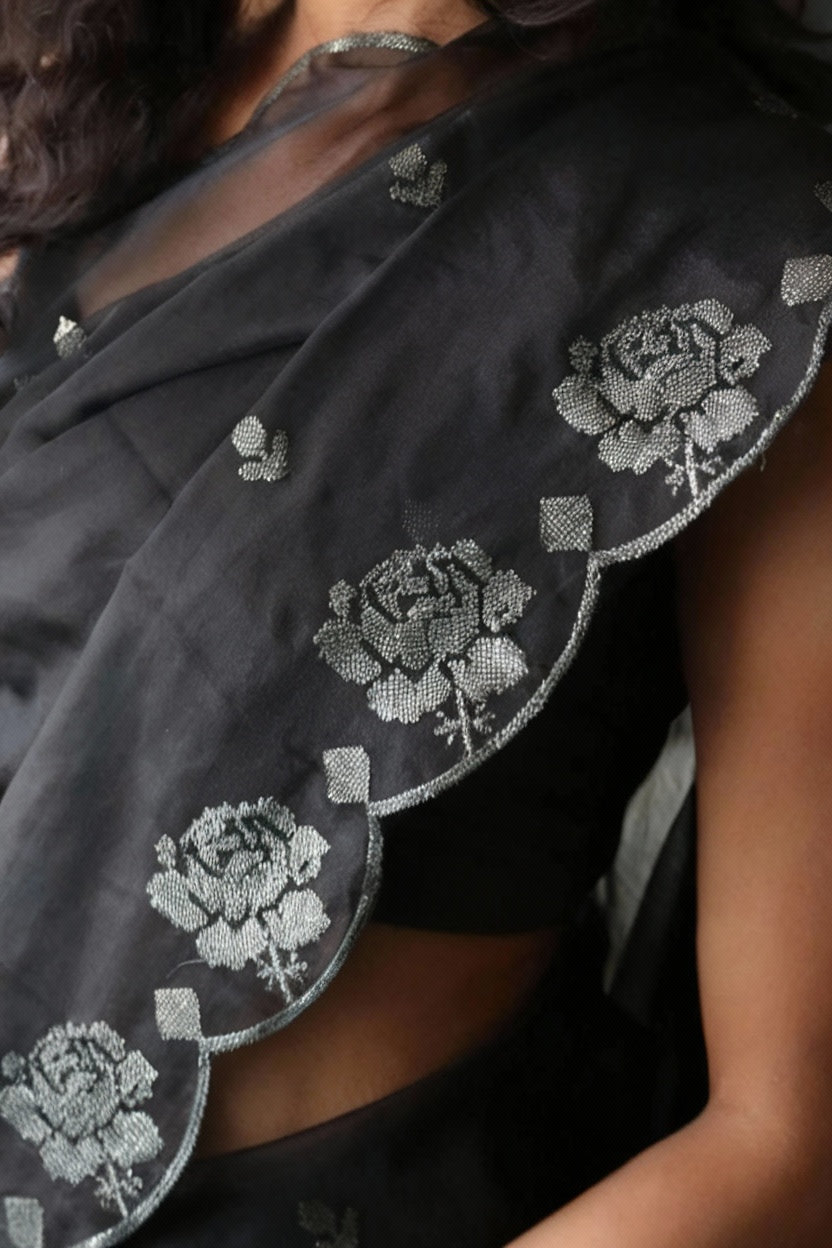 Black Pure Organza Saree with Sequins Embroidery Border Work Blouse