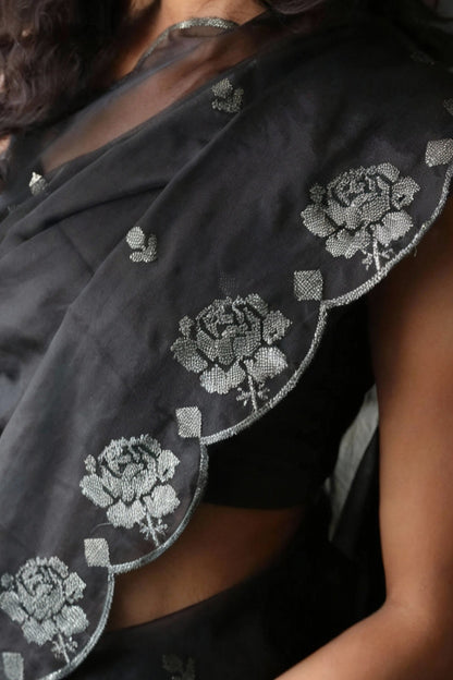 Black Pure Organza Saree with Sequins Embroidery Border Work Blouse