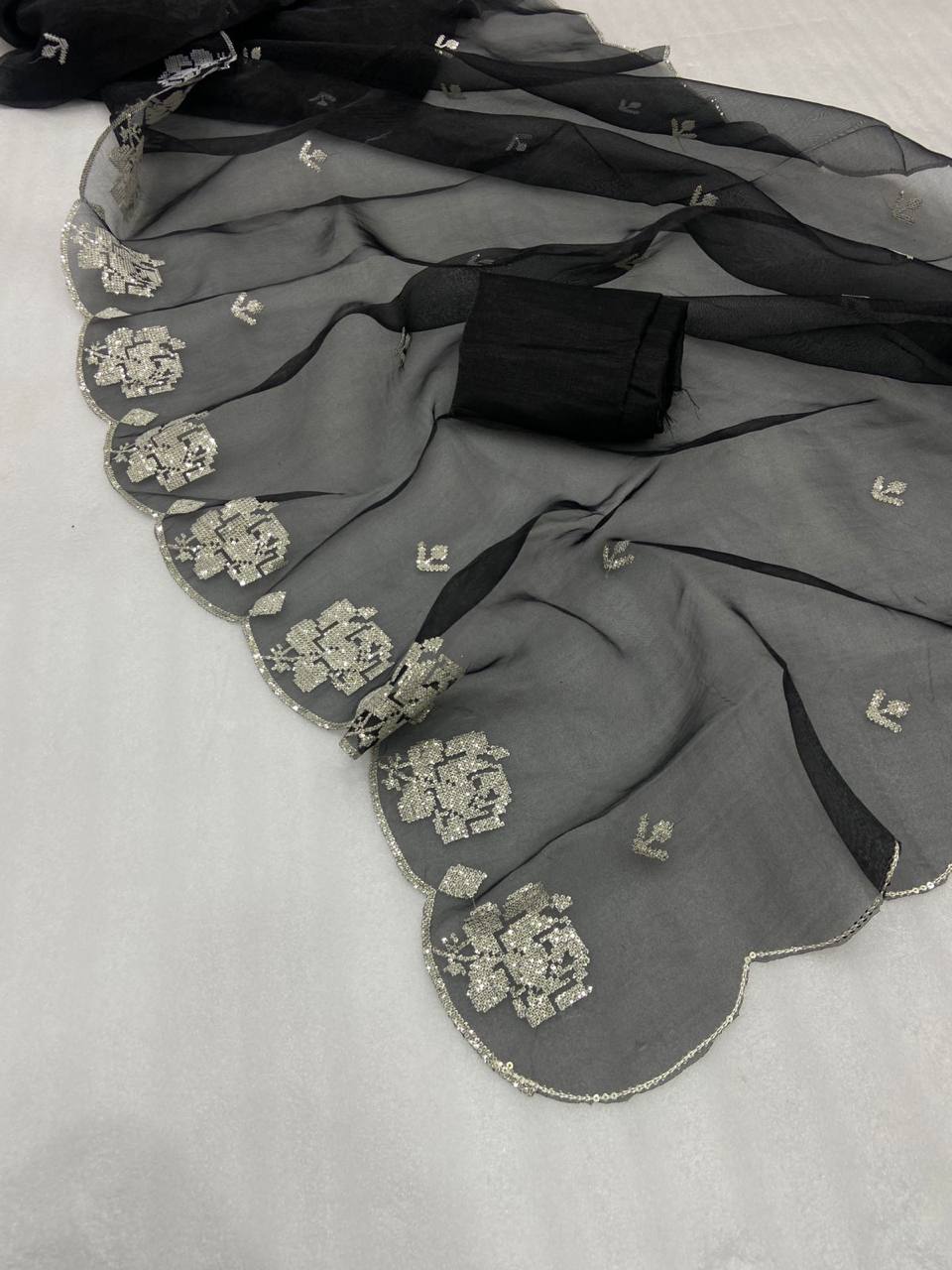 Black Pure Organza Saree with Sequins Embroidery Border Work Blouse