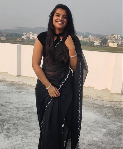 Black Rangoli Silk Saree with Aarko Border & Net Sequins Work Blouse