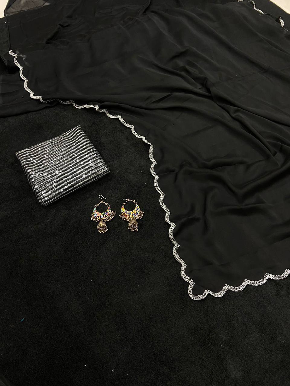 Black Rangoli Silk Saree with Aarko Border & Net Sequins Work Blouse
