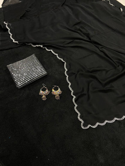Black Rangoli Silk Saree with Aarko Border & Net Sequins Work Blouse