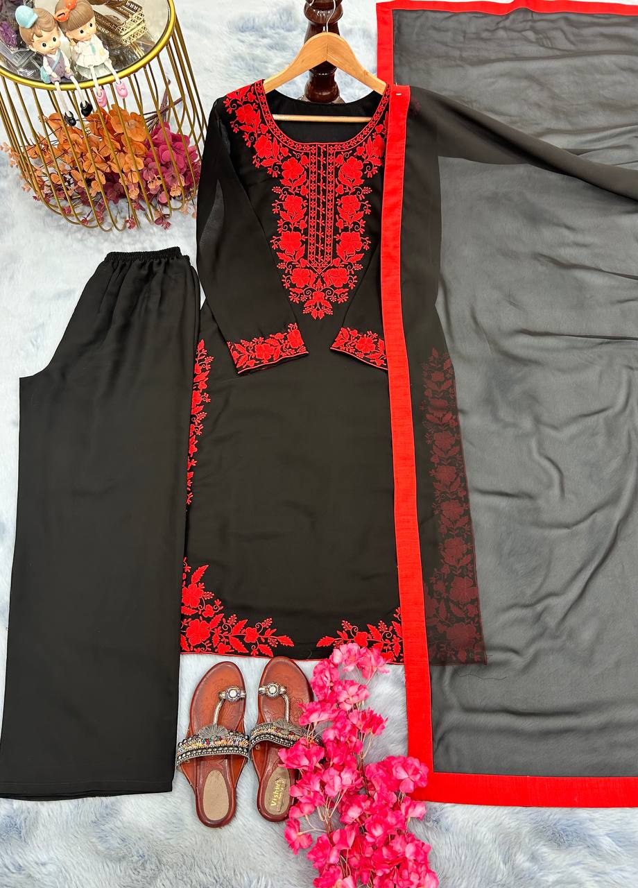 Black & Red Faux Georgette Long Plazzo Top and Dupatta For Party Wear