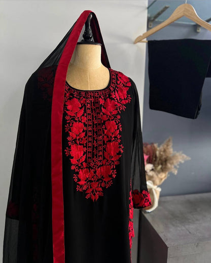 Black & Red Faux Georgette Long Plazzo Top and Dupatta For Party Wear