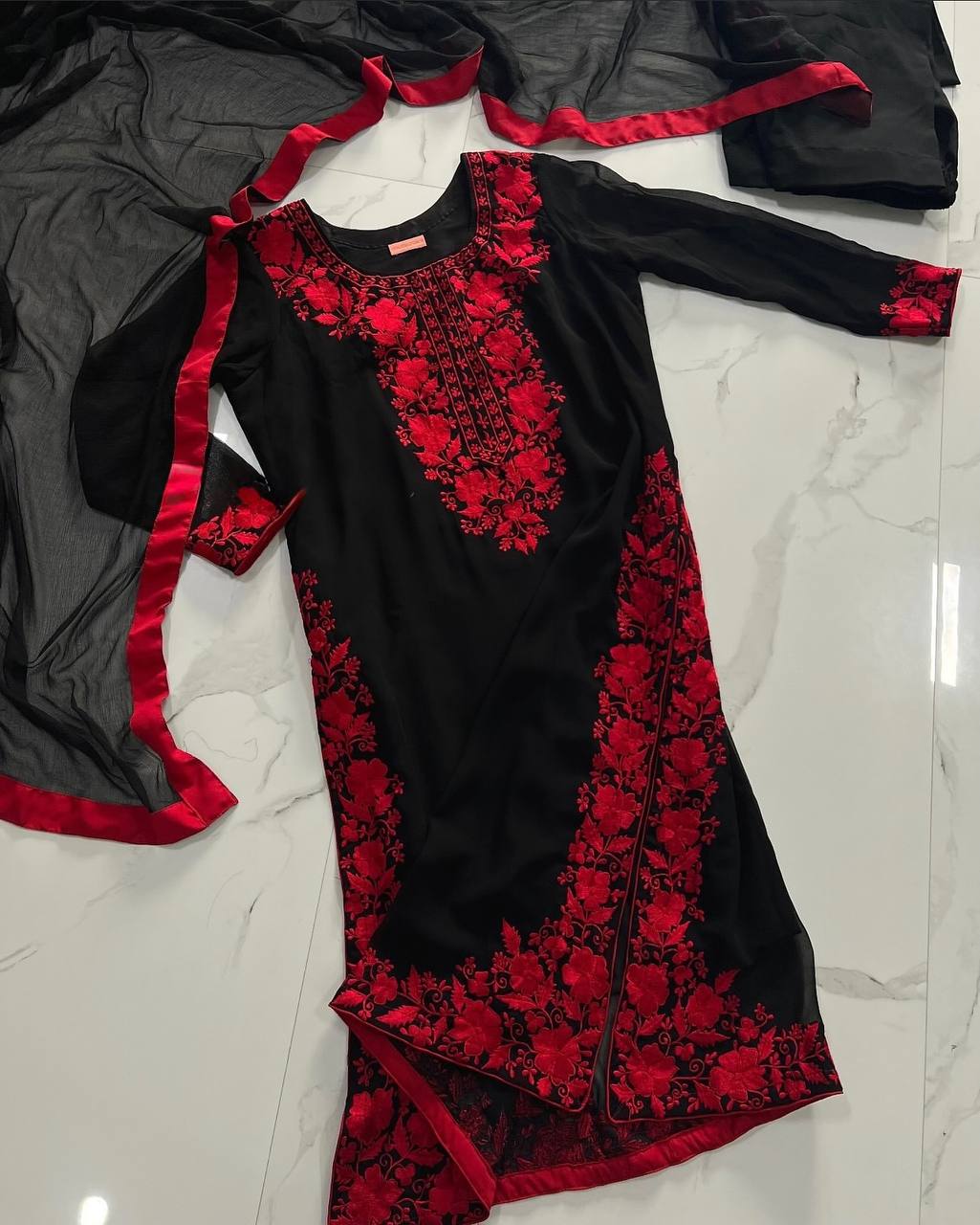 Black & Red Faux Georgette Long Plazzo Top and Dupatta For Party Wear